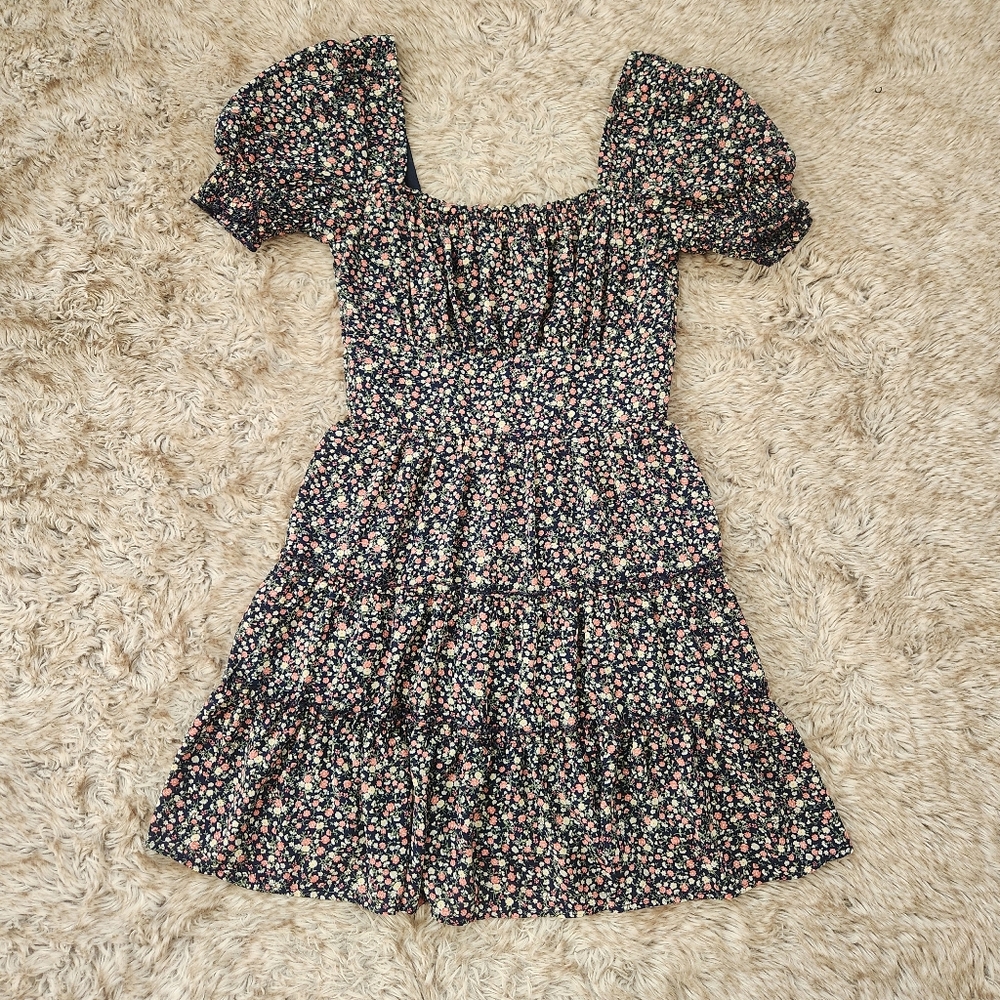 Row A Emma Floral Babydoll Mini Dress Navy Blue Pink Floral Juniors Size Small‎